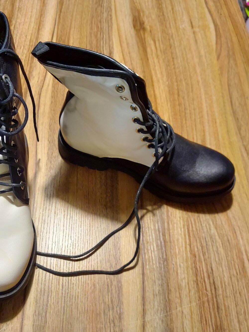 Black and White Lace Up Combat Boots - Picture 2 of 9